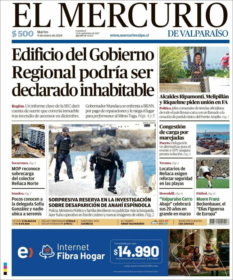 Portada de Mercurio de Valparaiso (Chile)