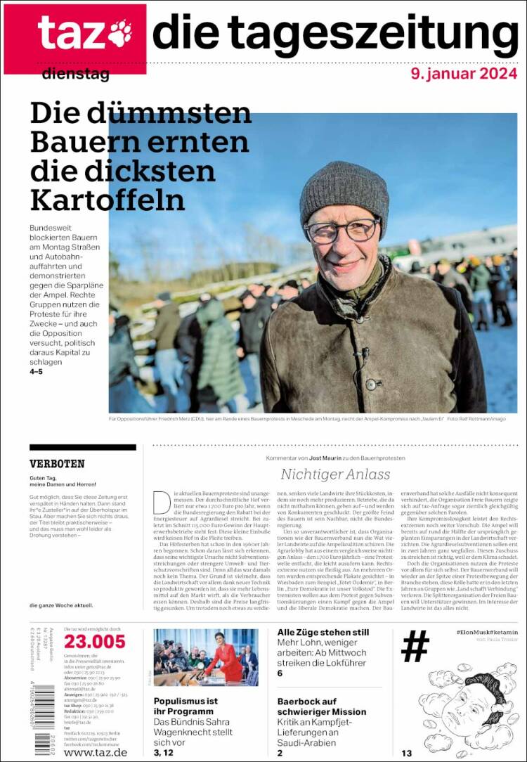 Portada de Die Tageszeitung (Alemania)