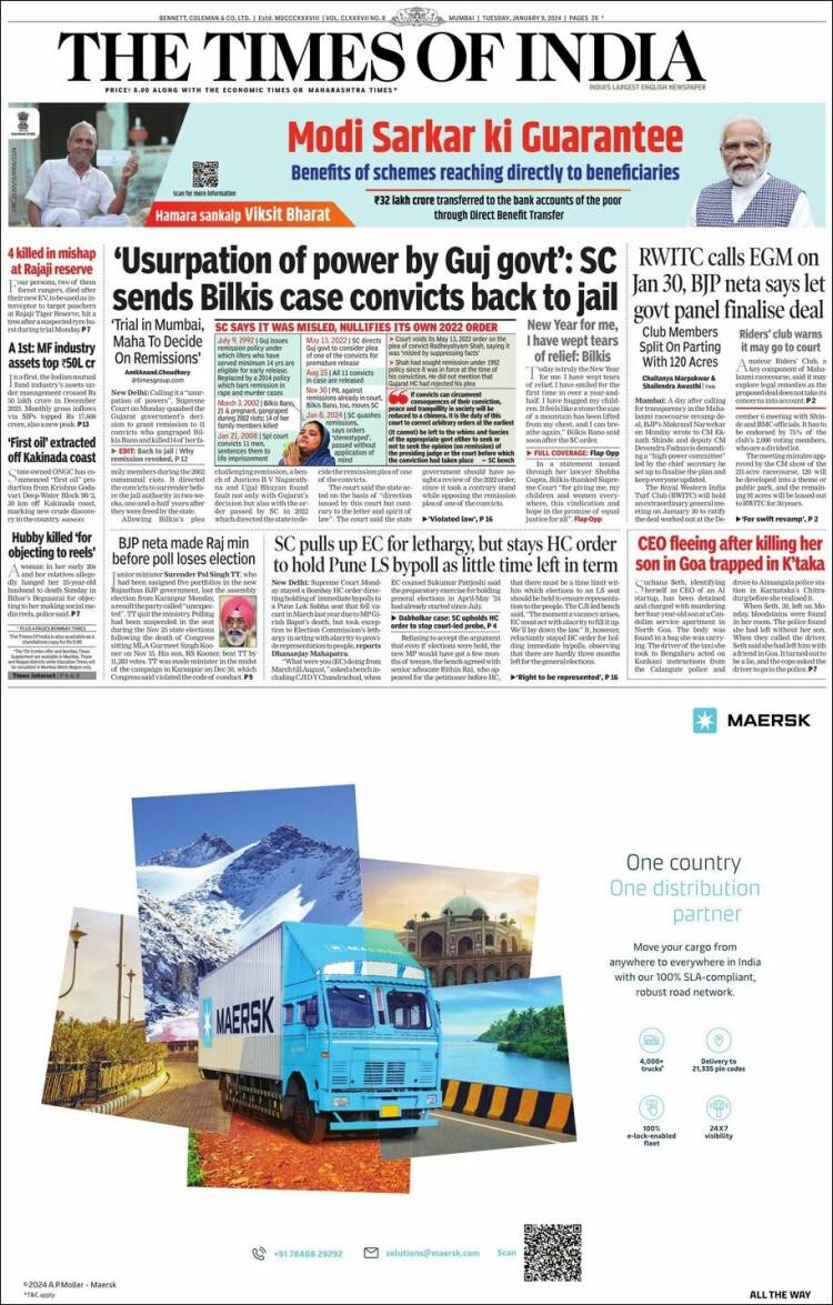 Portada de The Times of India (India)