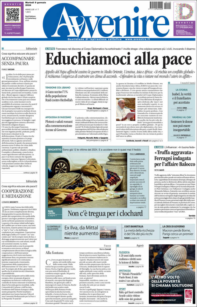 Portada de Avvenire (Italia)