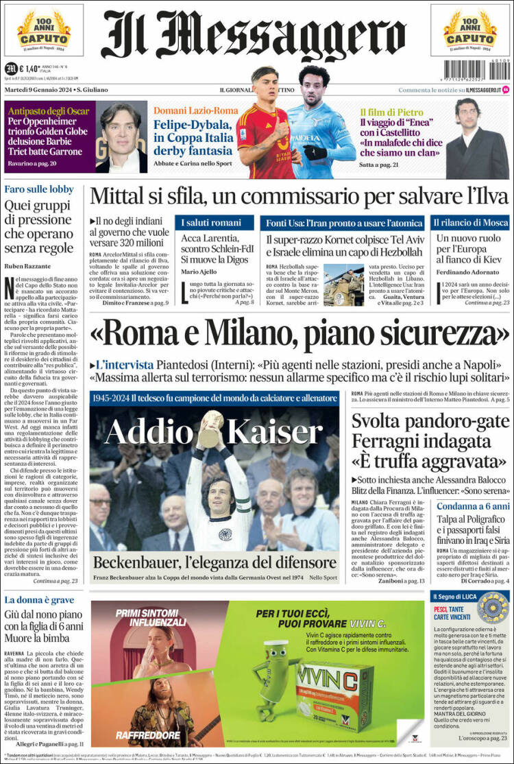 Portada de Il Messaggero (Italia)
