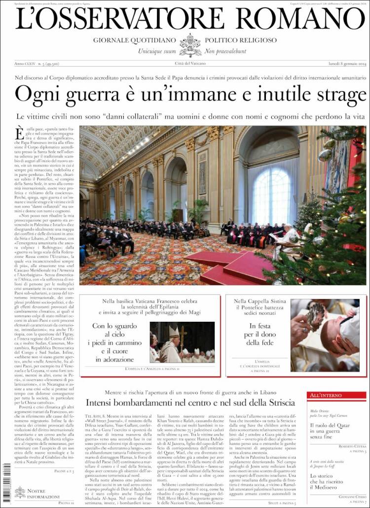 Portada de L'Osservatore Romano (Italia)