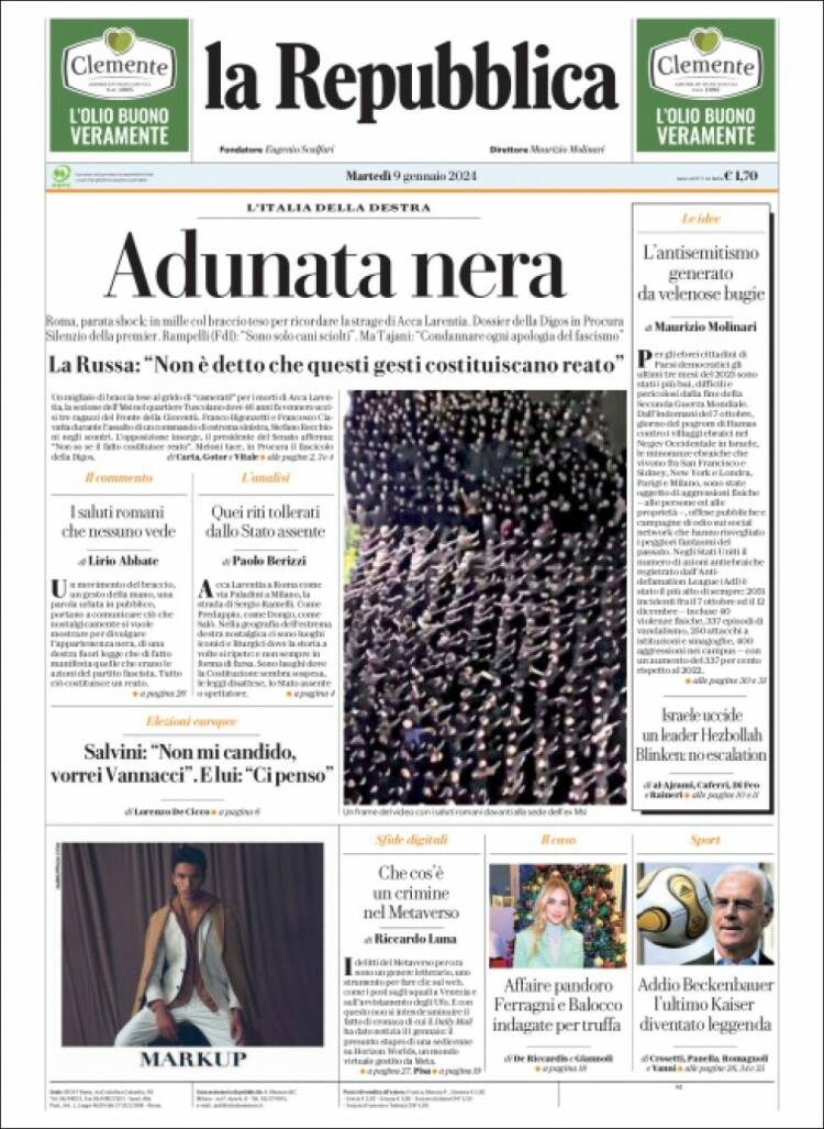 Portada de La Repubblica (Italia)