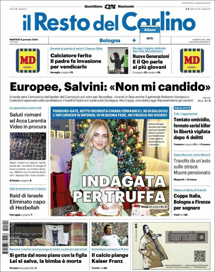 Portada de Il Resto del Carlino (Italia)