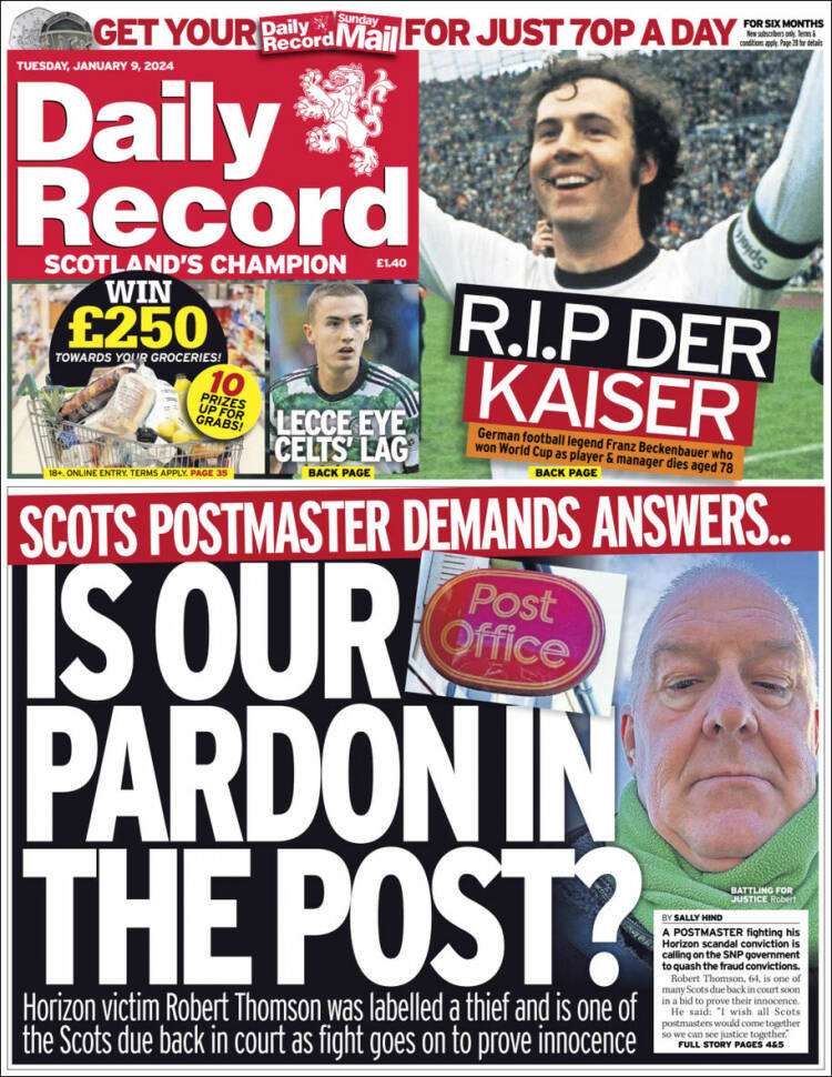 Portada de Daily Record (Reino Unido)