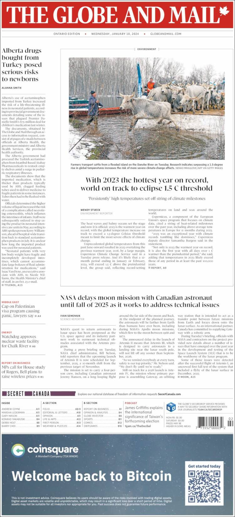 Portada de The Globe and Mail (Canadá)