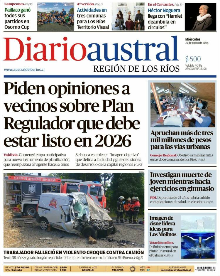 Portada de El Diario Austral de Valdivia (Chile)