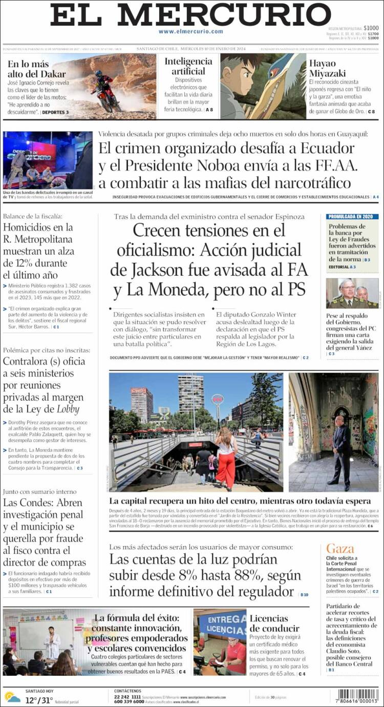 Portada de El Mercurio (Chile)