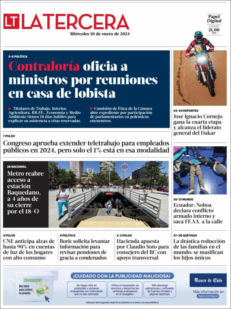 Portada de La Tercera (Chile)