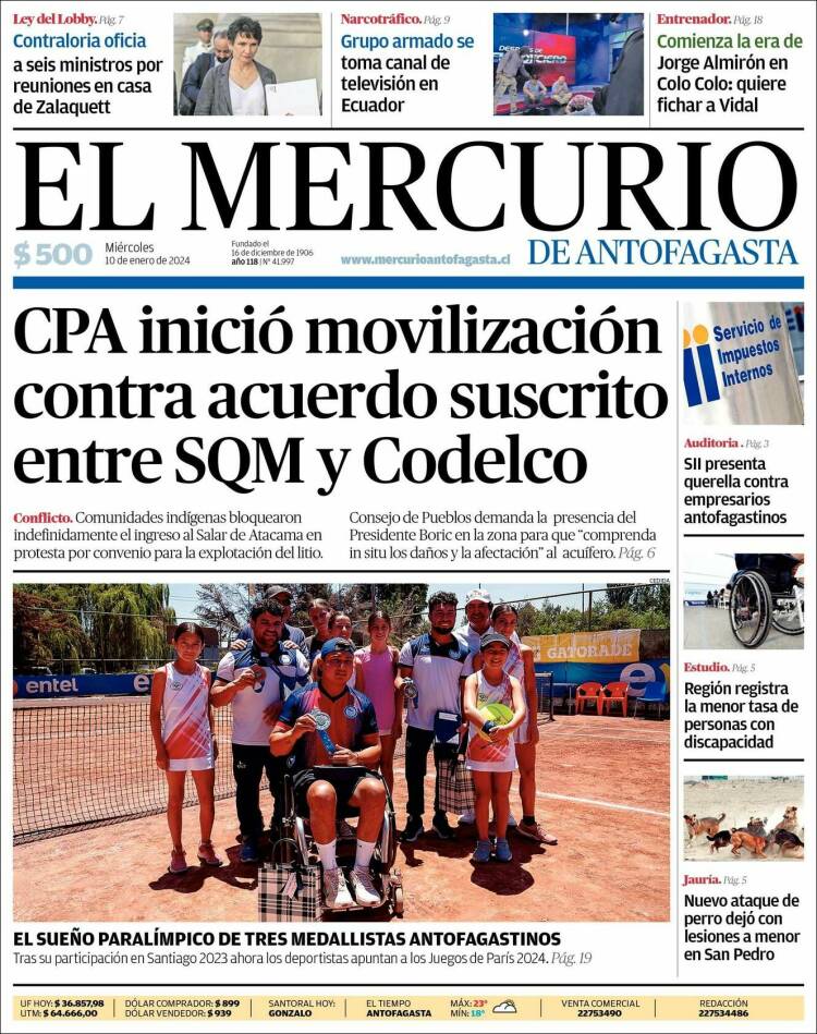 Portada de El Mercurio de Antofagasta (Chile)