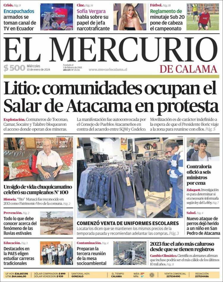 Portada de El Mercurio - Calama (Chile)