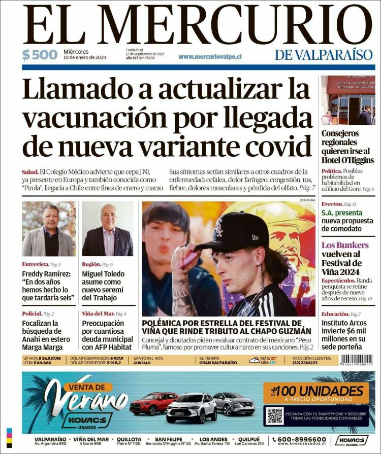 Portada de Mercurio de Valparaiso (Chile)