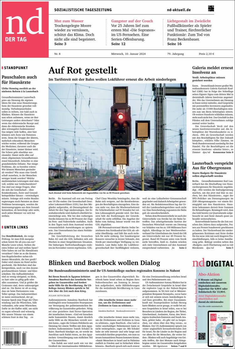 Portada de Neues Deutschland (Alemania)