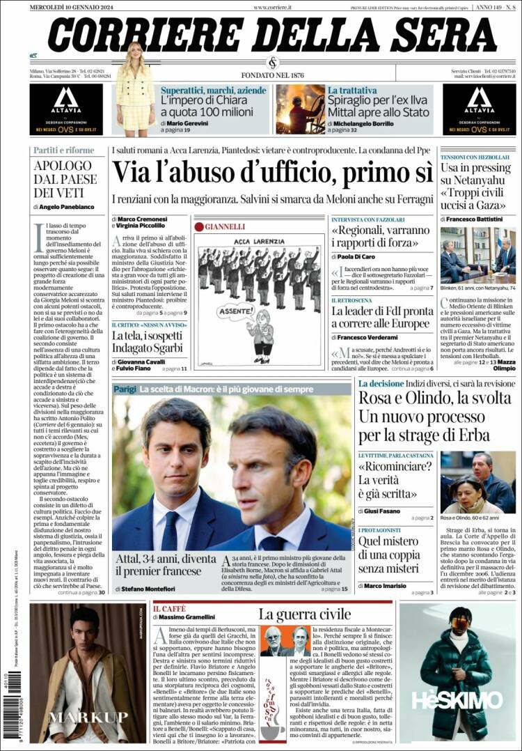 Portada de Corriere della Sera (Italia)