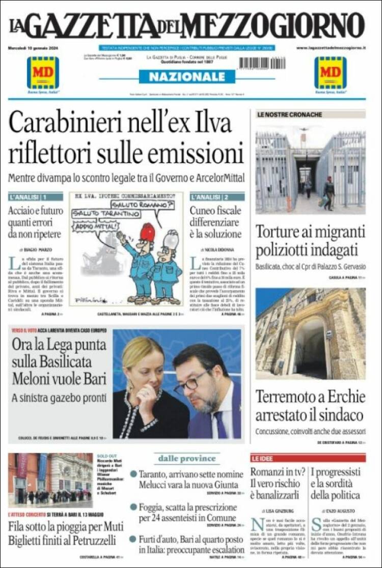 Portada de La Gazzetta del Mezzogiorno (Italia)