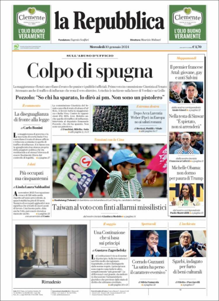Portada de La Repubblica (Italia)