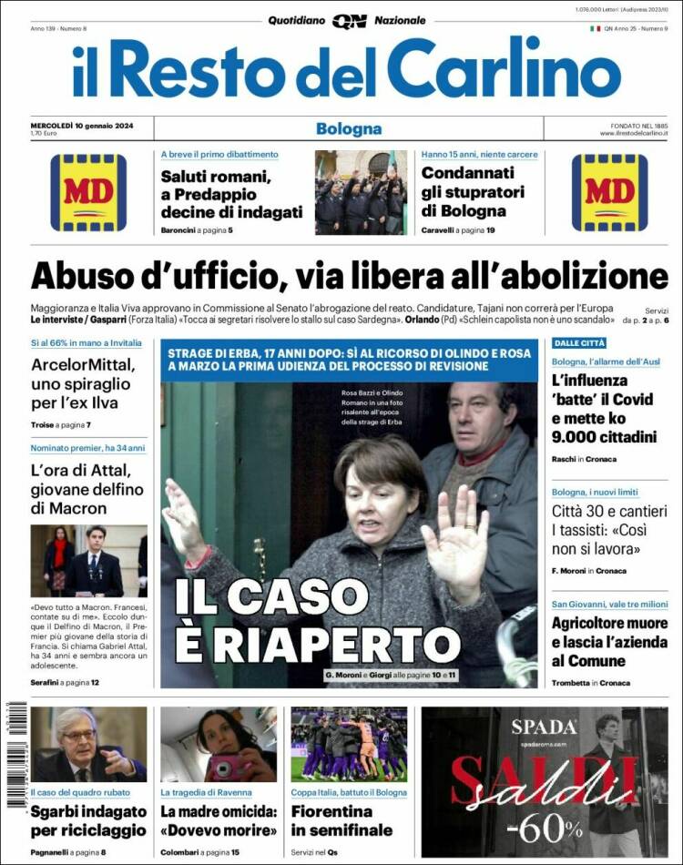 Portada de Il Resto del Carlino (Italia)