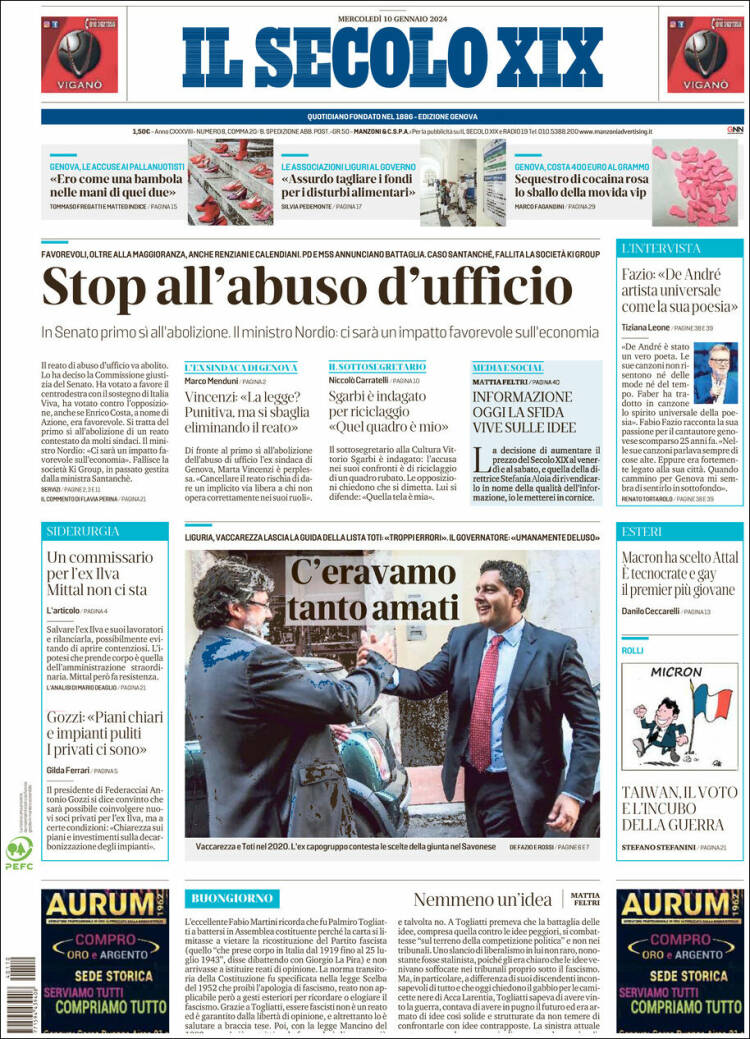 Portada de Il Secolo XIX (Italia)