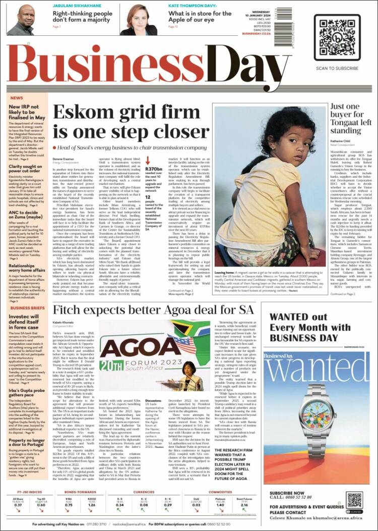 Portada de Business Day (Sud&aacute;frica)