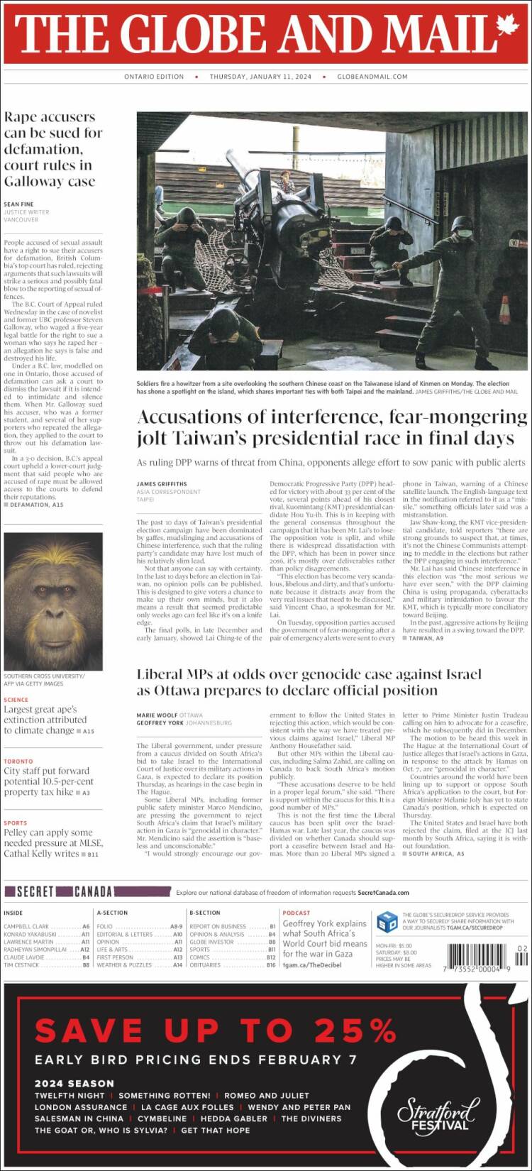 Portada de The Globe and Mail (Canadá)