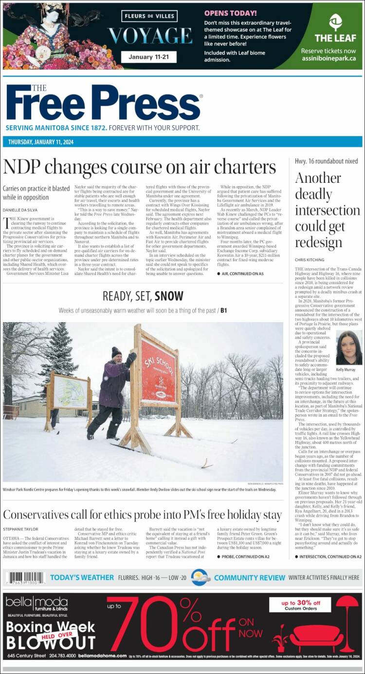 Portada de Winnipeg Free Press (Canadá)