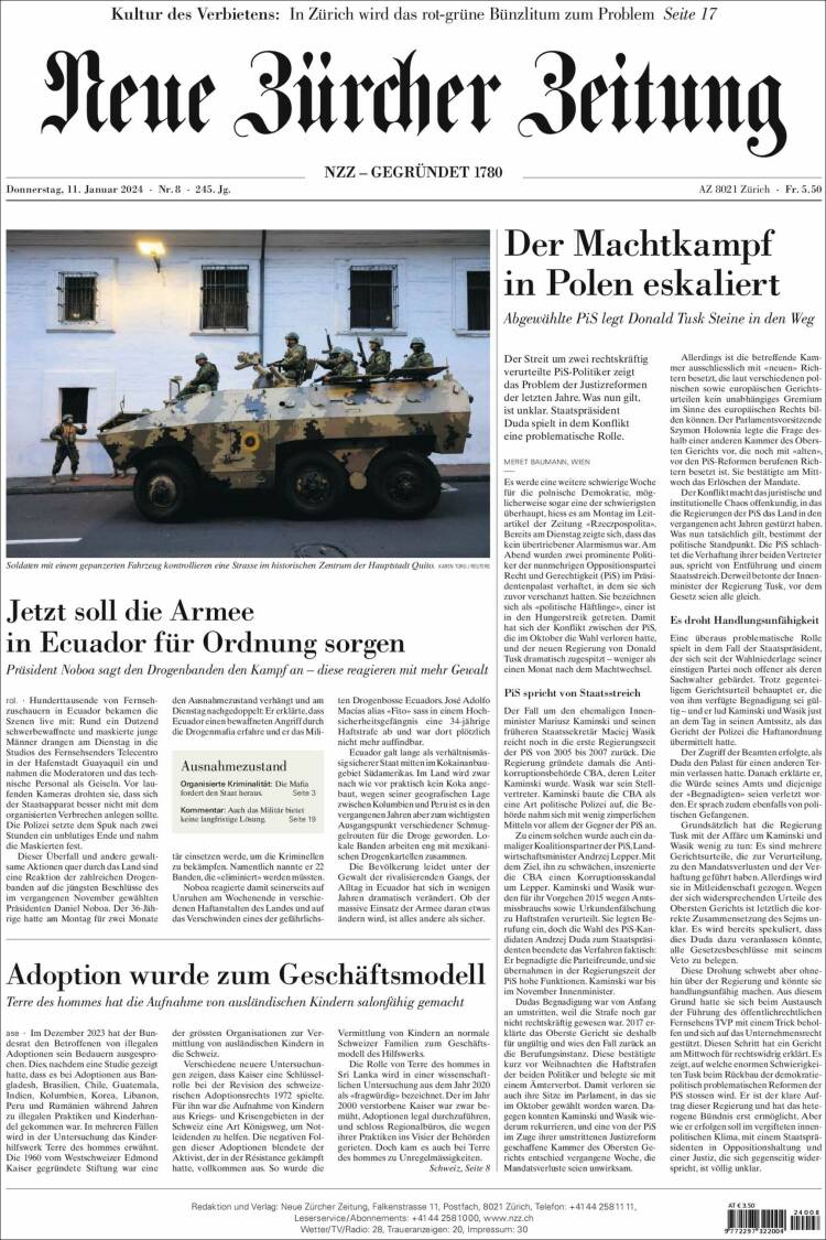 Portada de Neue Zürcher Zeitung (Suiza)
