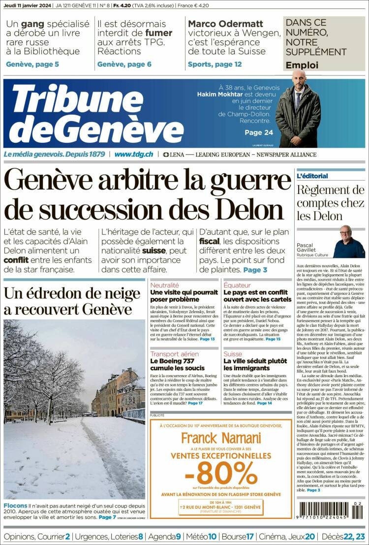 Portada de La Tribune de Genève (Suiza)