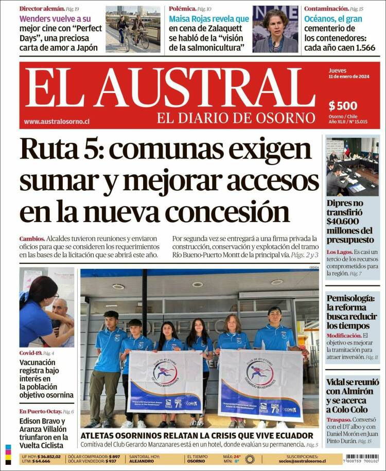 Portada de El Austral de Osorno (Chile)