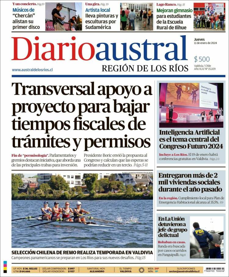 Portada de El Diario Austral de Valdivia (Chile)