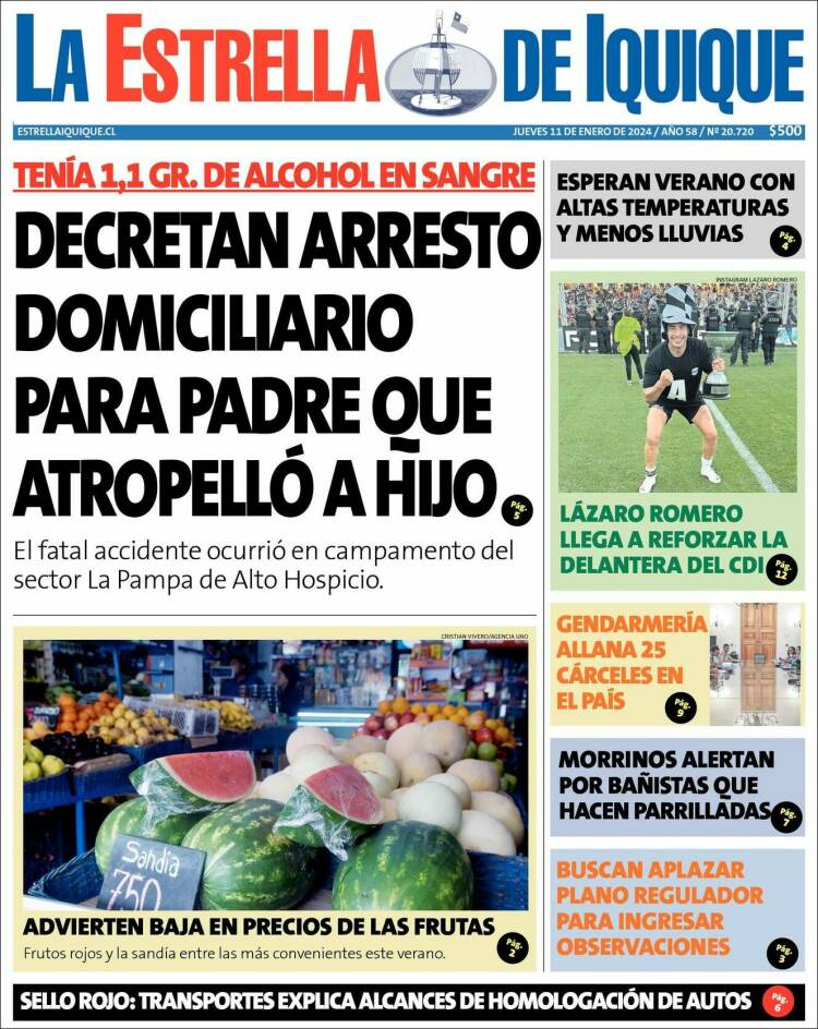 Portada de La Estrella de Iquique (Chile)