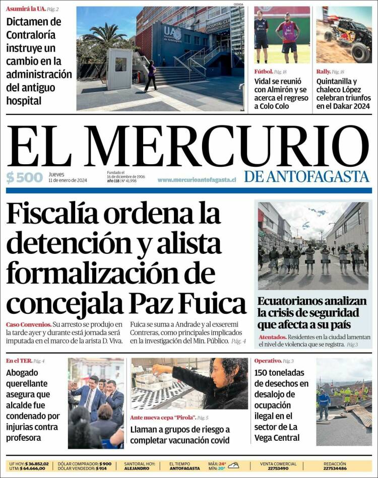 Portada de El Mercurio de Antofagasta (Chile)