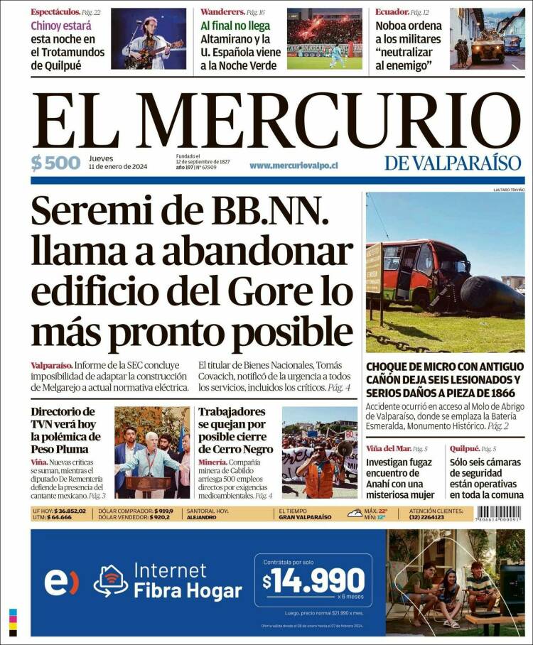 Portada de Mercurio de Valparaiso (Chile)