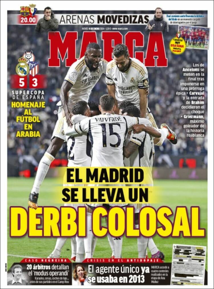 Journal Marca (Espagne). Les Unes des journaux de Espagne. Édition du  jeudi, 11 de janvier de 2024. Kiosko.net