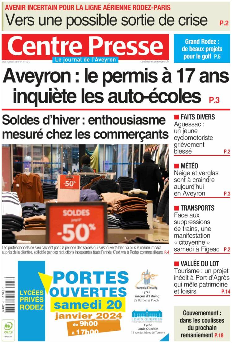 Portada de Centre Presse (Francia)