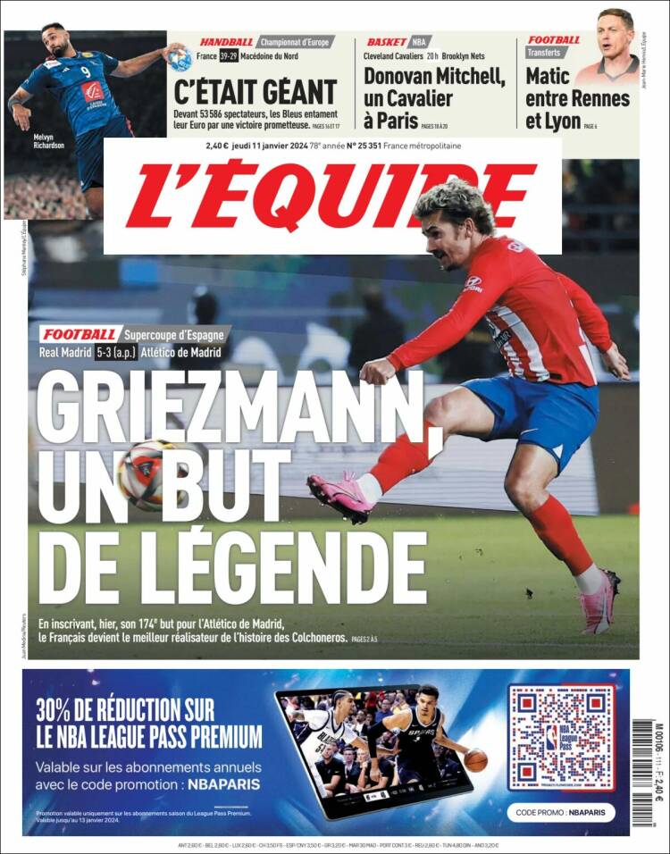 Portada de L'Equipe (Francia)