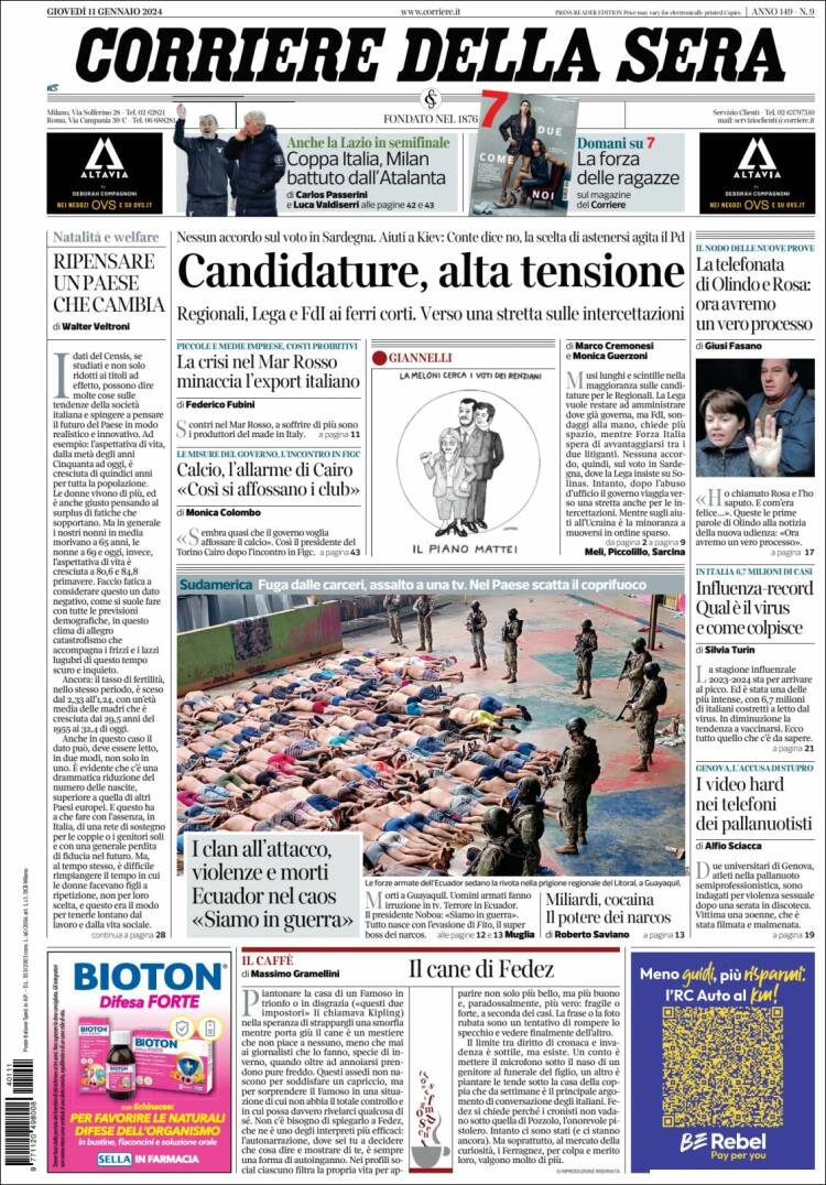 Portada de Corriere della Sera (Italia)