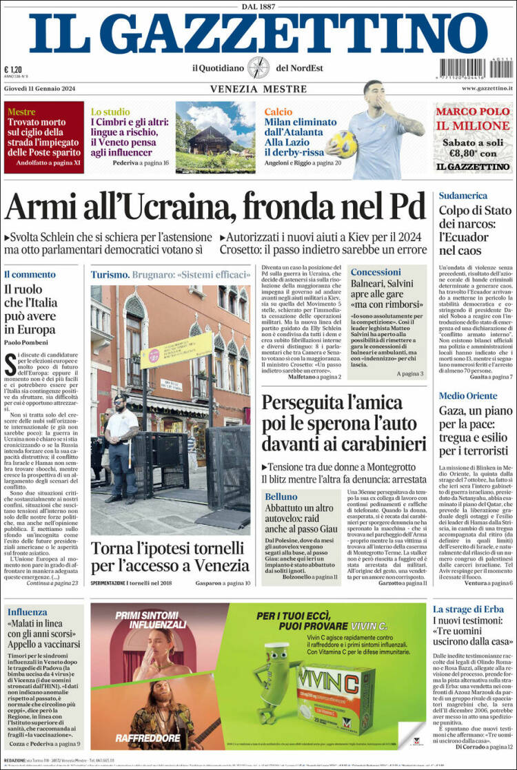 Portada de Il Gazzettino (Italia)