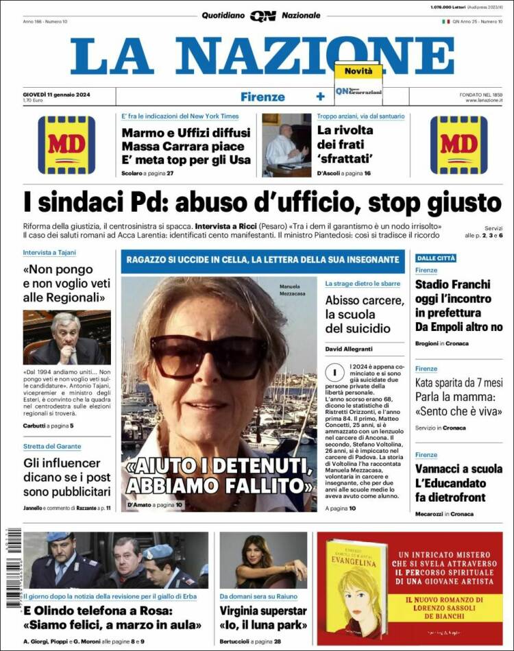 Portada de La Nazione (Italia)