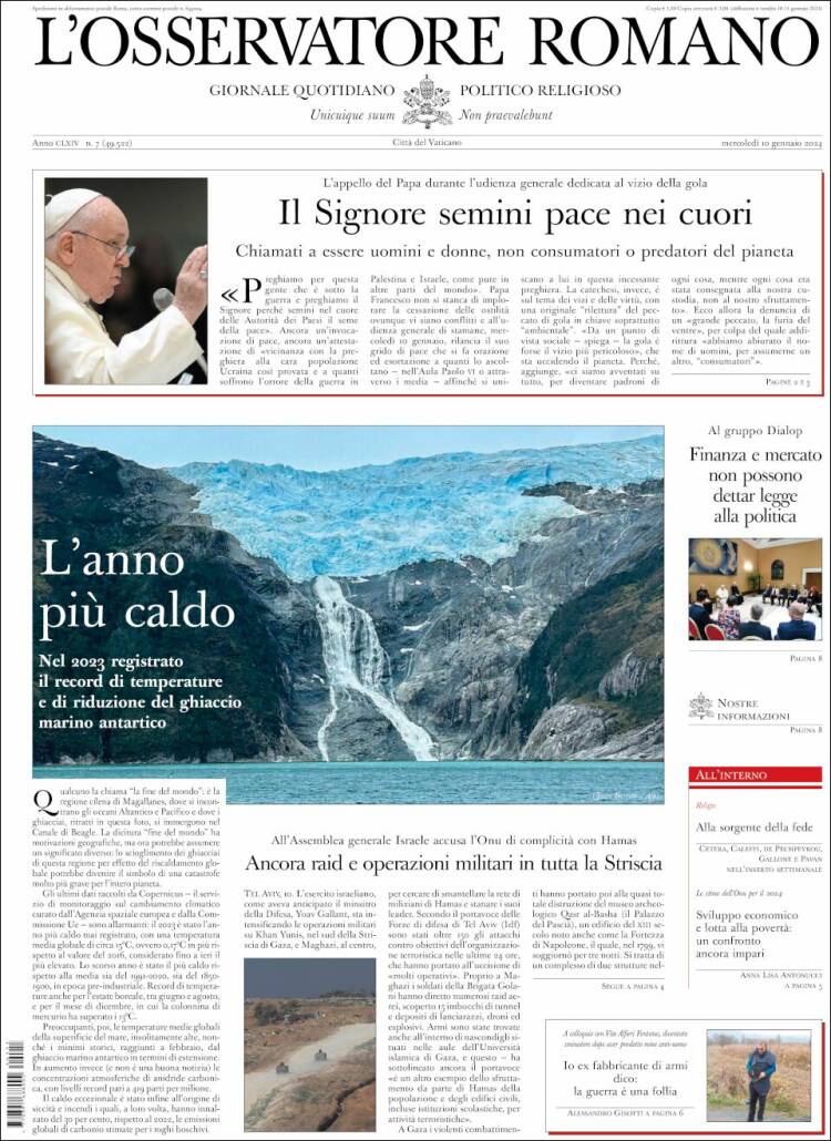 Portada de L'Osservatore Romano (Italia)