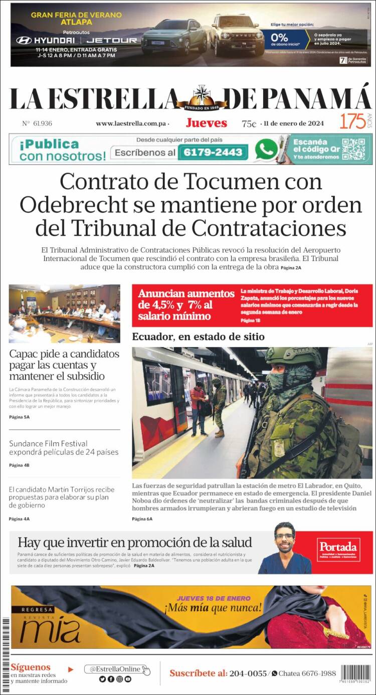 Portada de La Estrella de Panamá (Panam&aacute;)