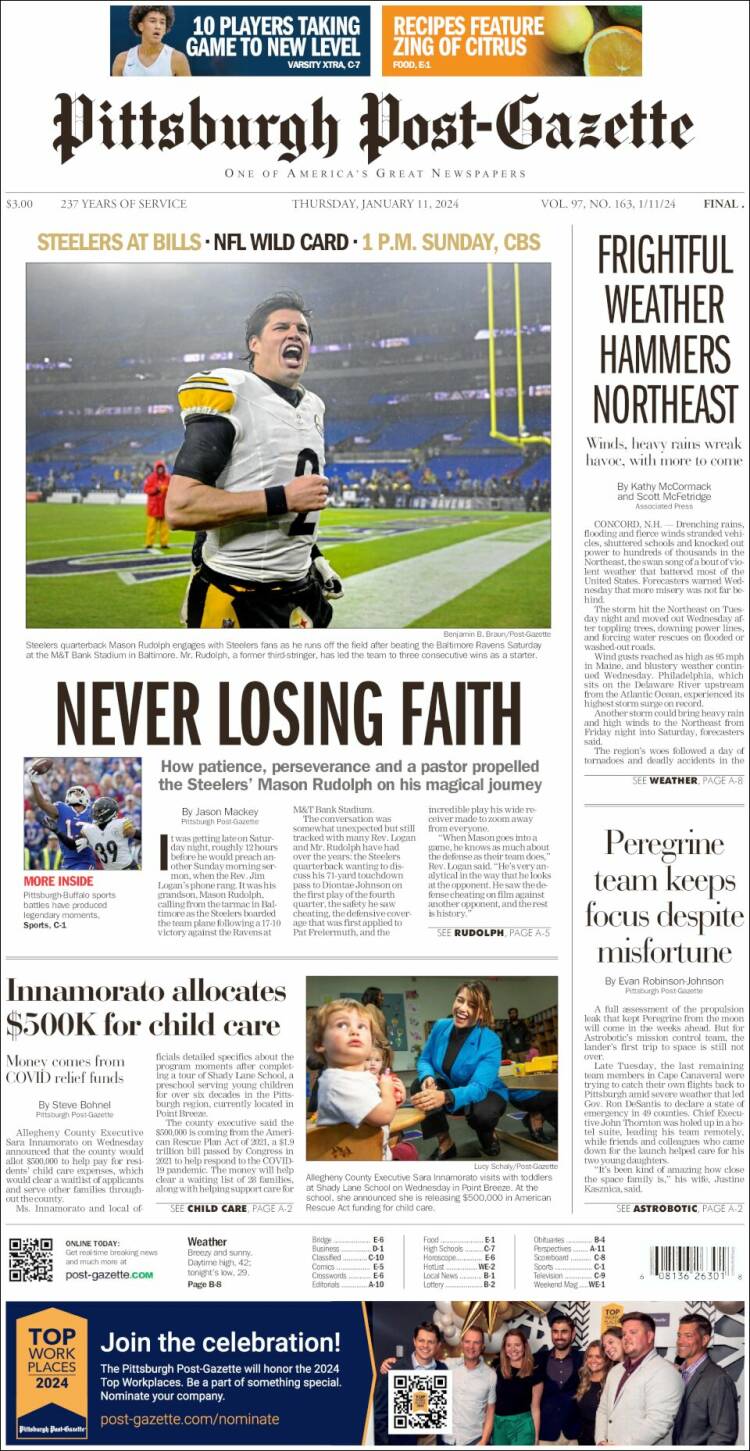 Portada de Pittsburgh Post-Gazette (USA)