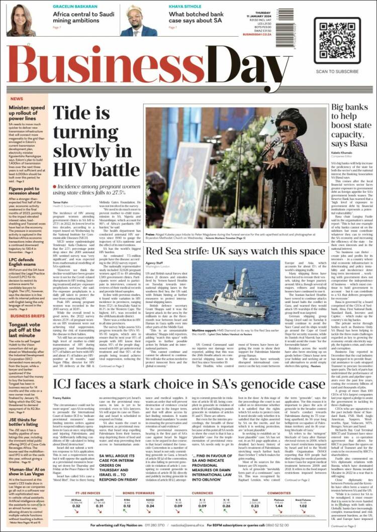 Portada de Business Day (Sud&aacute;frica)