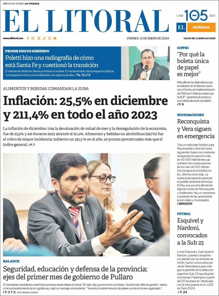 Portada de Diario El Litoral (Argentina)