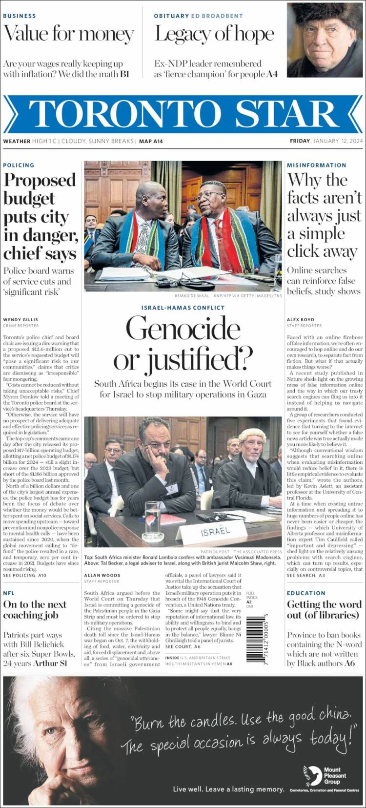 Portada de The Toronto Star (Canadá)