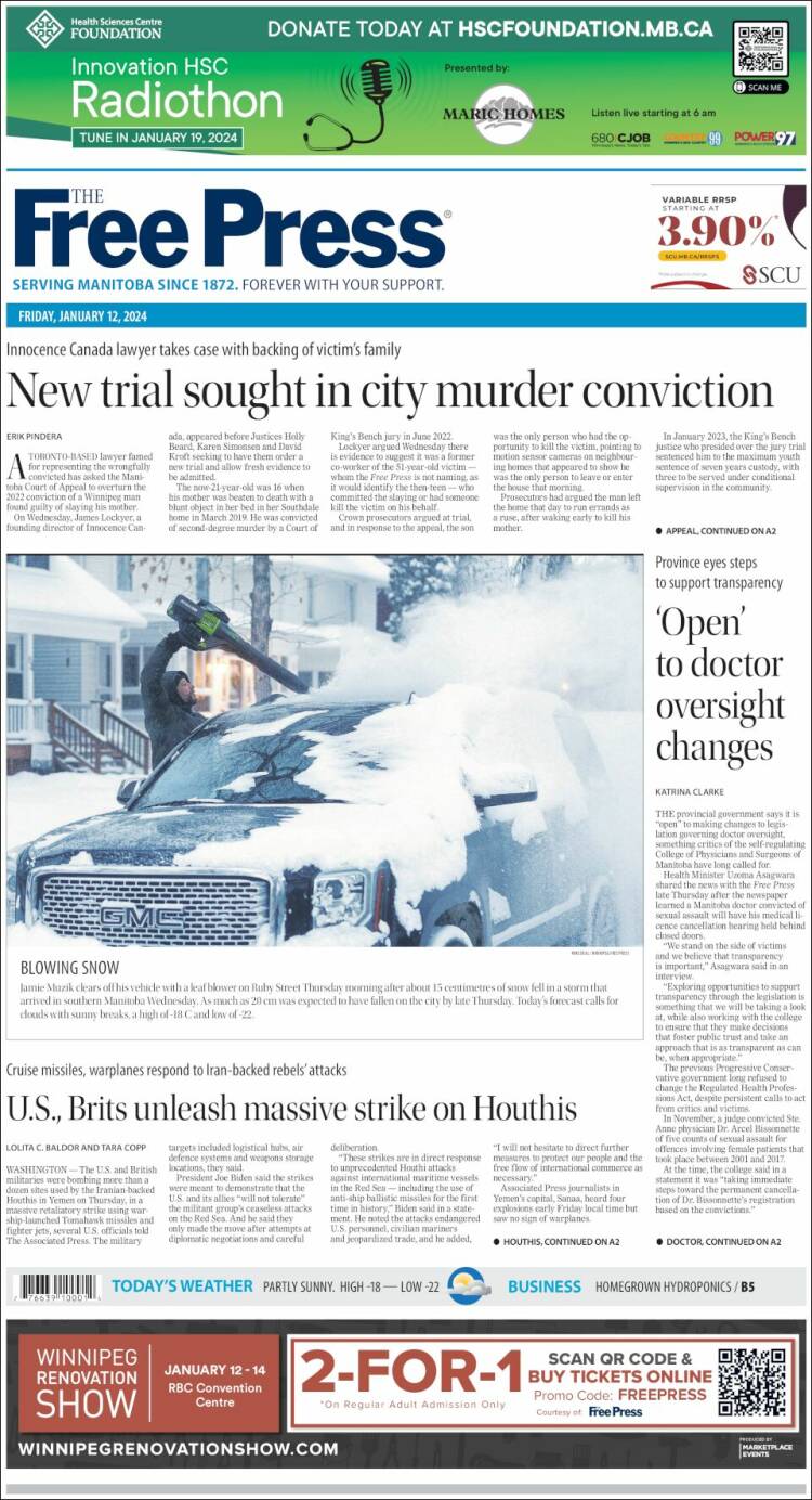 Portada de Winnipeg Free Press (Canadá)