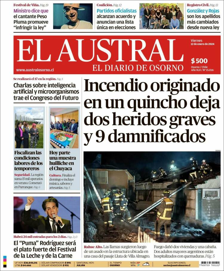 Portada de El Austral de Osorno (Chile)