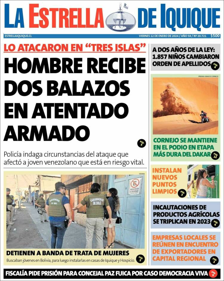 Portada de La Estrella de Iquique (Chile)