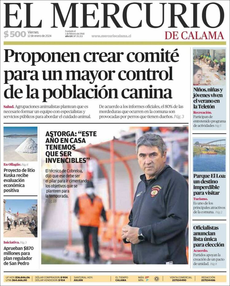 Portada de El Mercurio - Calama (Chile)