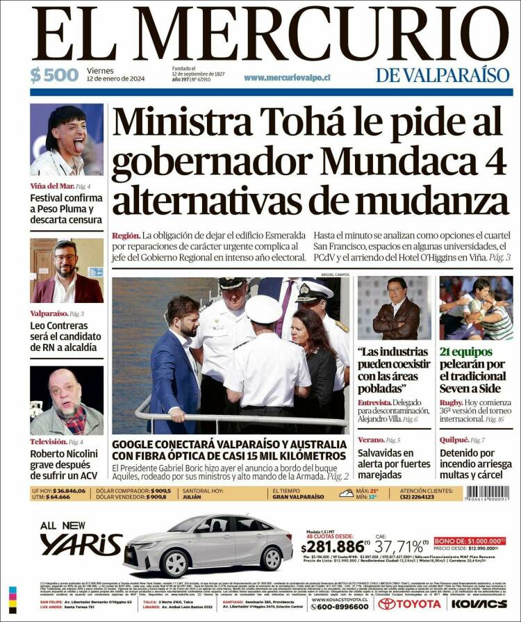 Portada de Mercurio de Valparaiso (Chile)