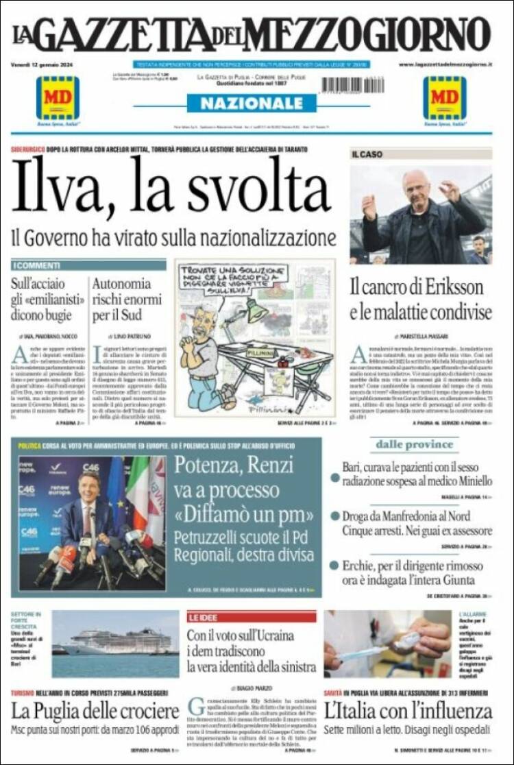 Portada de La Gazzetta del Mezzogiorno (Italia)